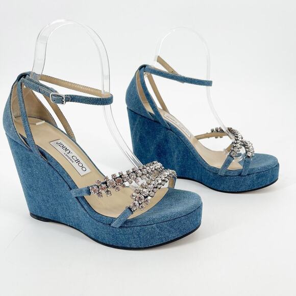 Jimmy Choo Blue Denim Bing 120 Crystal Embellished Wedge Sandal size IT 39 - Picture 2 of 15